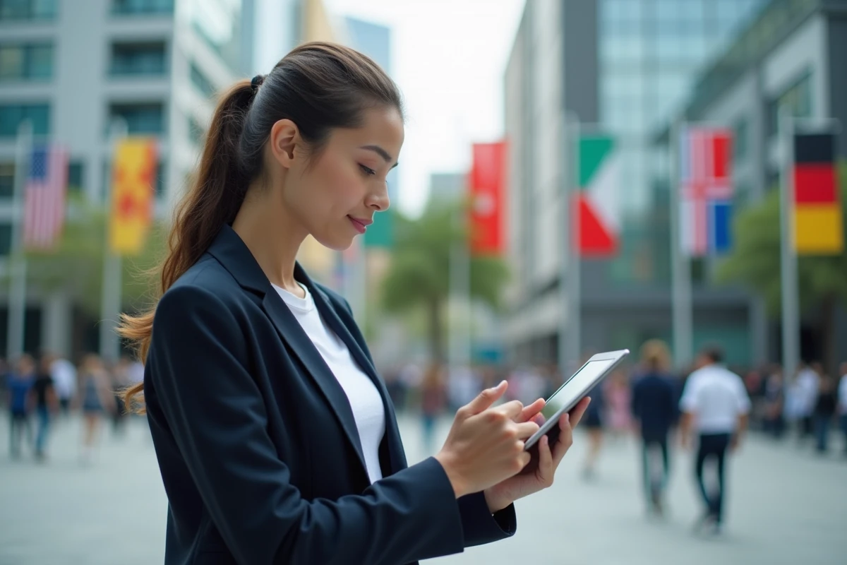 Jeune femme avec tablette analysant cartes économiques en ville