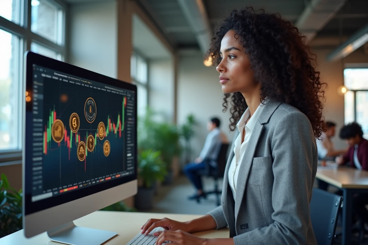 Femme analysant des crypto-monnaies diversifiées sur une interface de trading eToro dans un espace de coworking