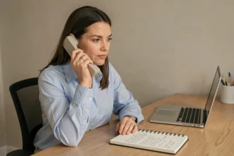 Femme au téléphone dans un bureau à domicile, prenant des notes pour contacter le service client Cofidis