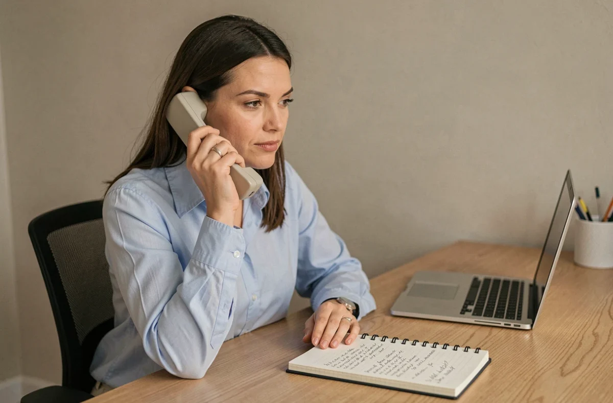 Femme au téléphone dans un bureau à domicile, prenant des notes pour contacter le service client Cofidis