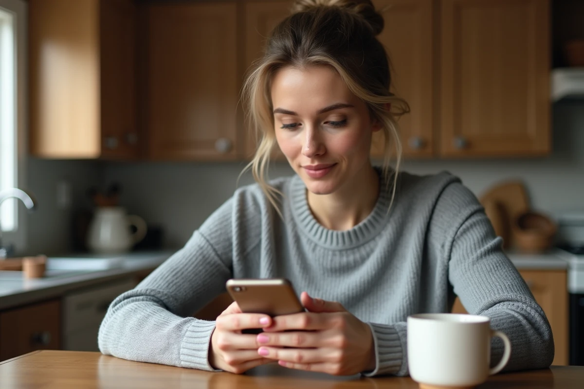 Femme utilisant l'application mobile de sa banque sur smartphone depuis sa cuisine, illustration de la banque en ligne au quotidien