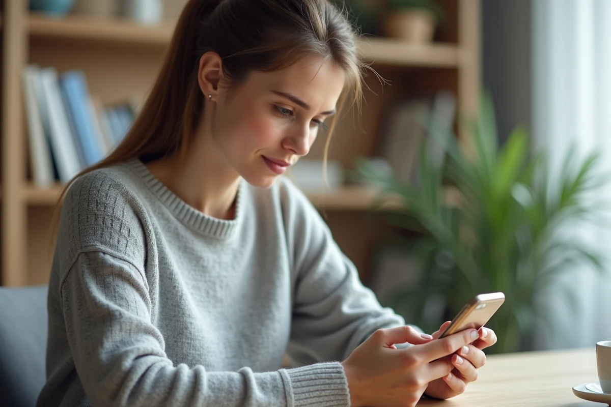Femme utilisant l'application mobile LCL sur smartphone pour gérer son compte bancaire depuis son bureau à domicile