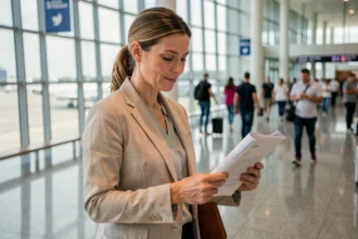 Femme consulte ses documents d'assurance voyage dans un aéroport international moderne