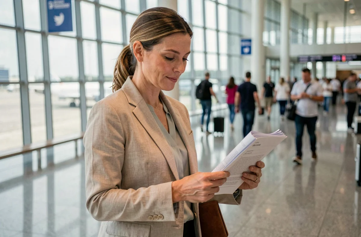 Femme consulte ses documents d'assurance voyage dans un aéroport international moderne