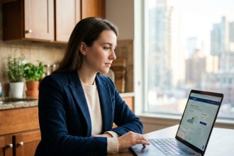 Jeune femme professionnelle utilisant un ordinateur portable pour rechercher des options bancaires