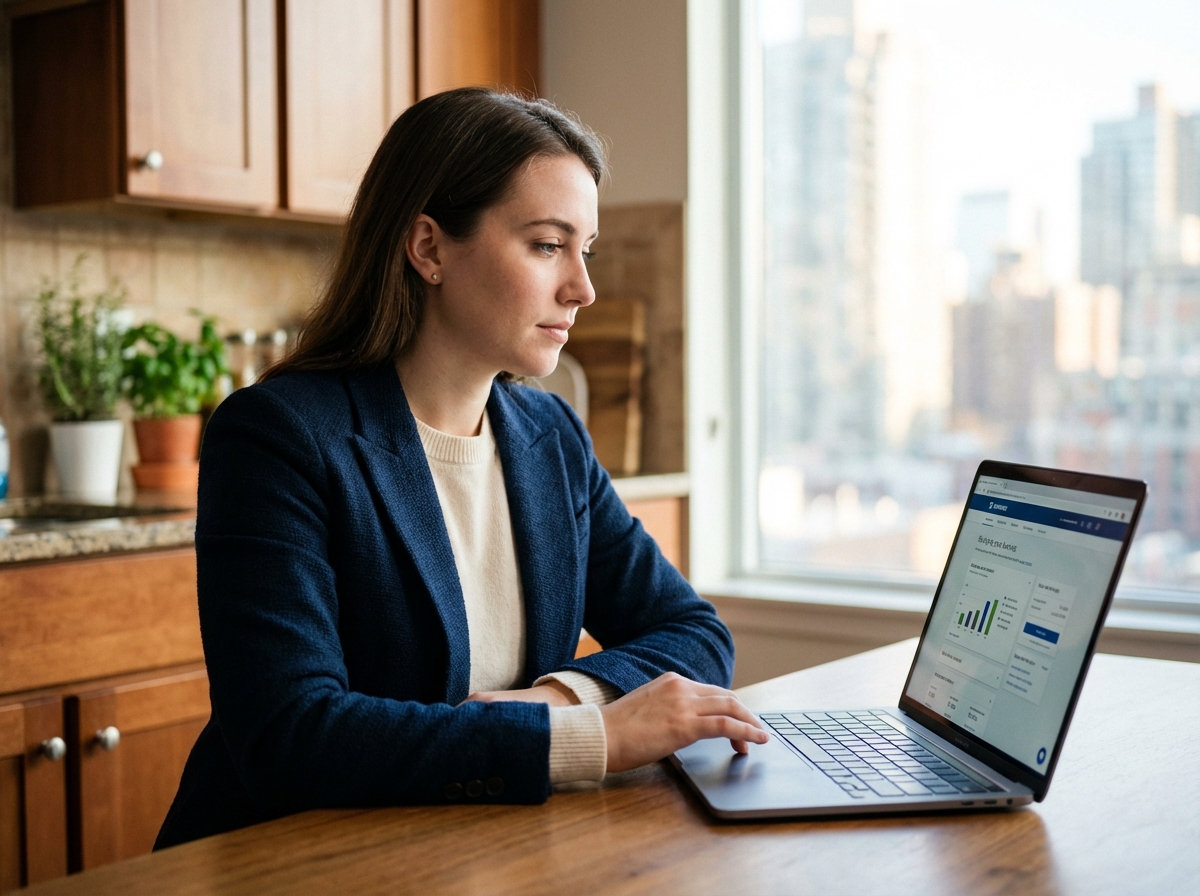 Jeune femme professionnelle utilisant un ordinateur portable pour rechercher des options bancaires
