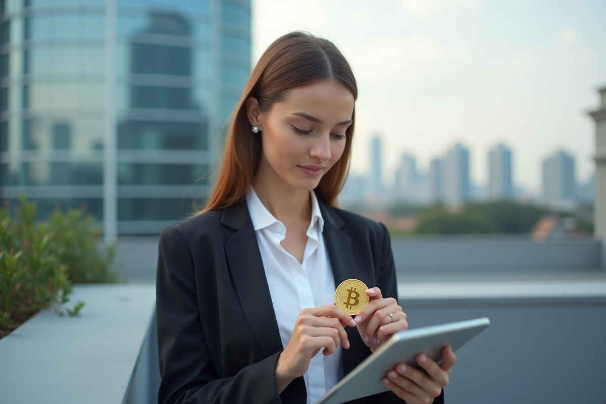 Femme contemplant un Bitcoin sur un rooftop urbain