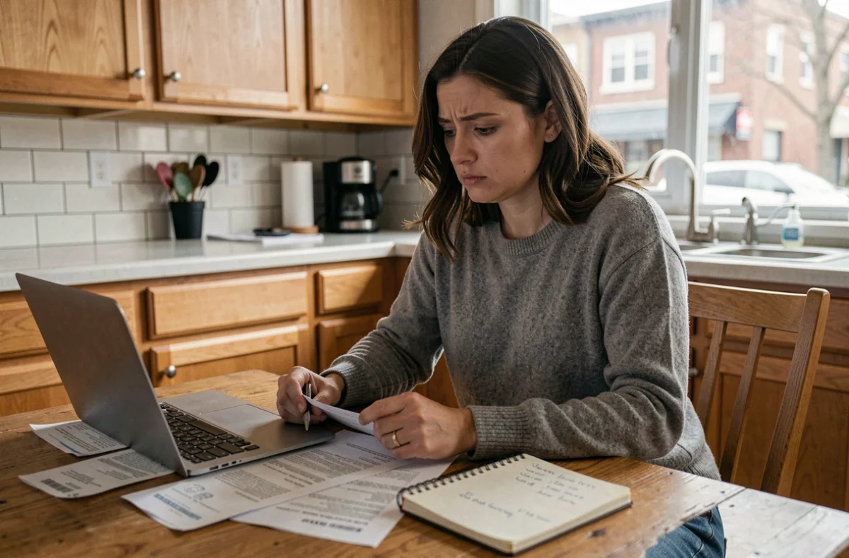 Femme calculant son budget mensuel dans une cuisine d'appartement canadien avec des reçus d'épicerie et un ordinateur portable