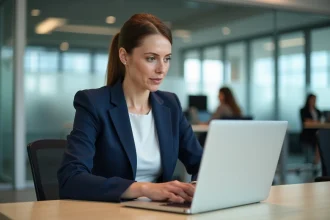 Femme professionnelle consultant le site d'assurance Aviva en ligne sur un ordinateur portable au bureau