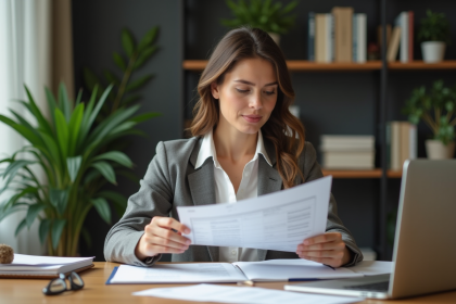 Femme professionnelle en home office examine un portefeuille