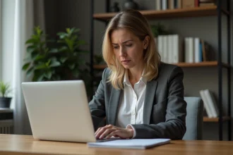 Femme d'âge moyen travaillant sur son ordinateur dans un bureau à domicile