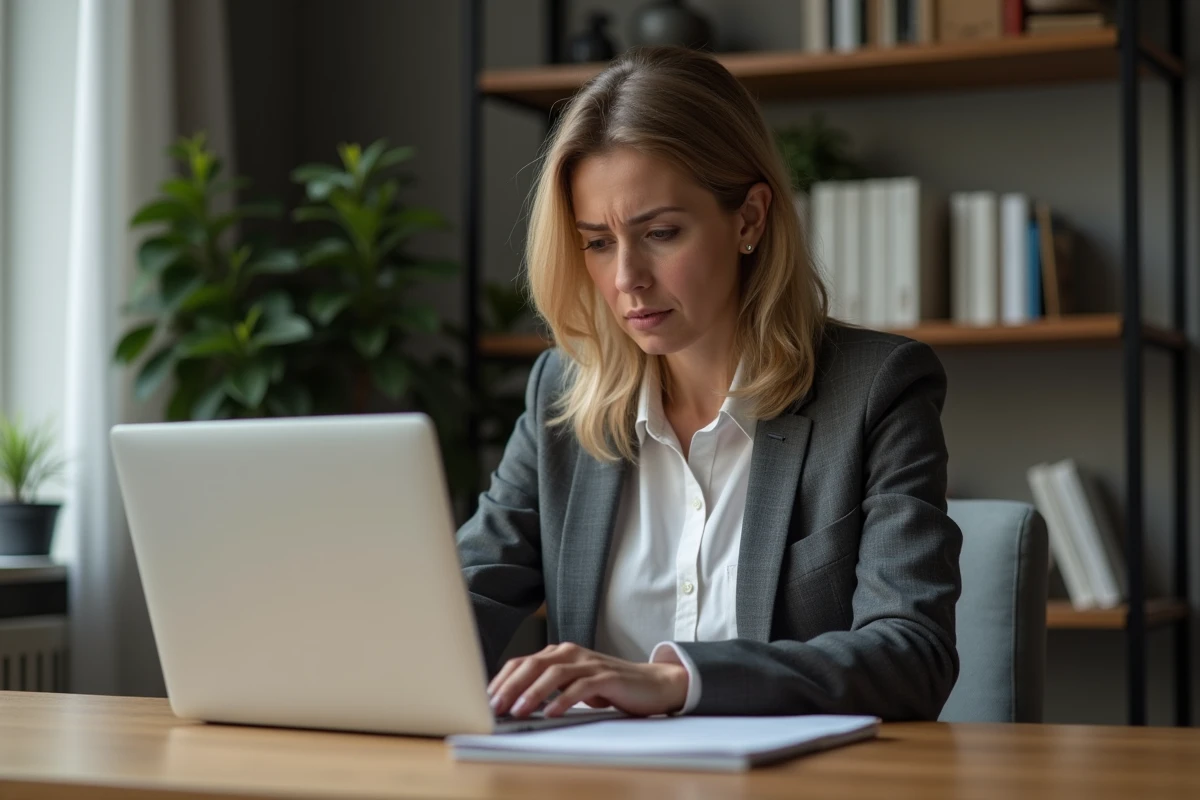 Femme d'âge moyen travaillant sur son ordinateur dans un bureau à domicile