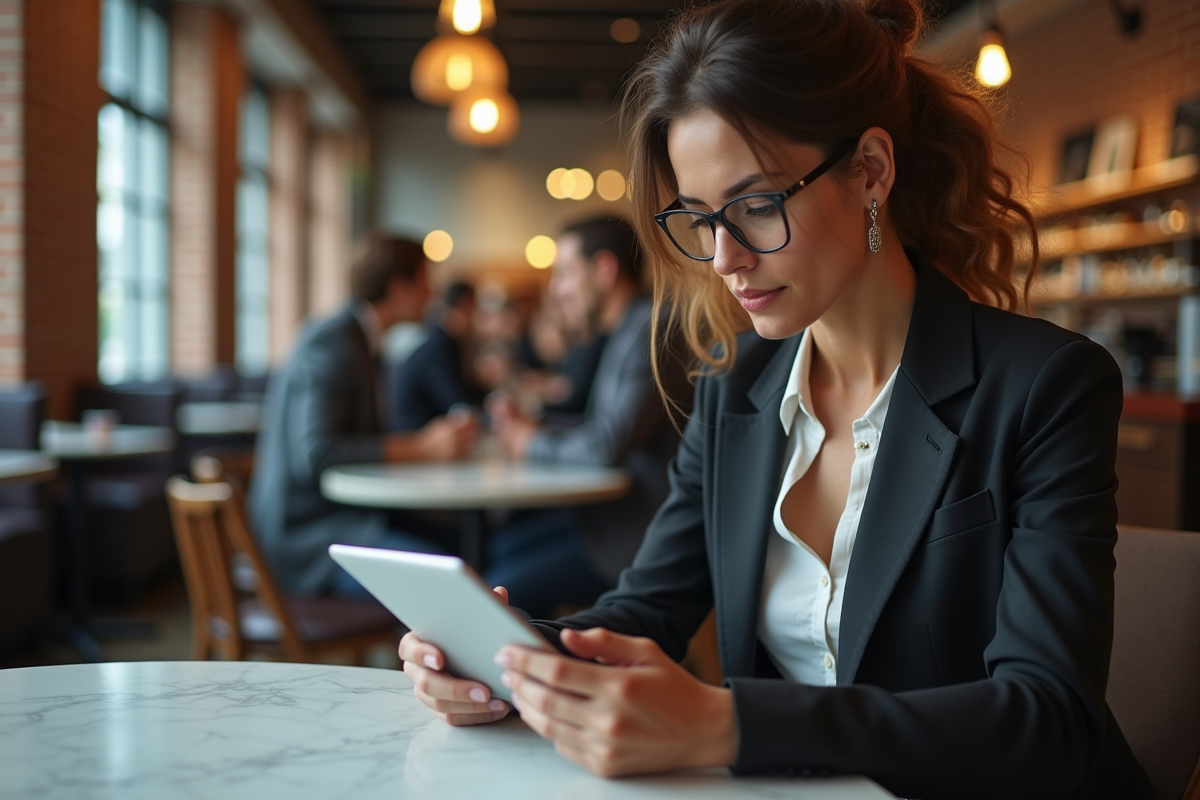 Femme analyse des applications de cryptomonnaie dans un café animé