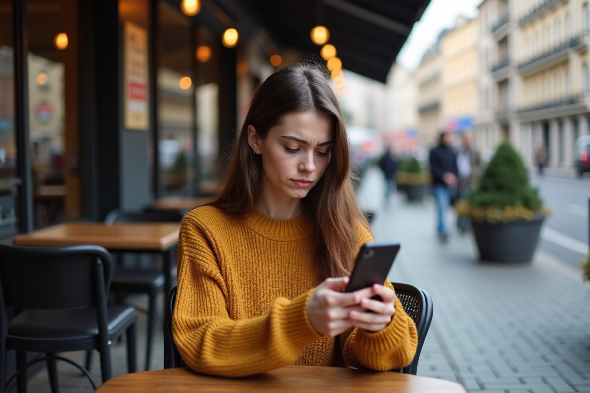 Jeune femme vérifiant une application crypto au café