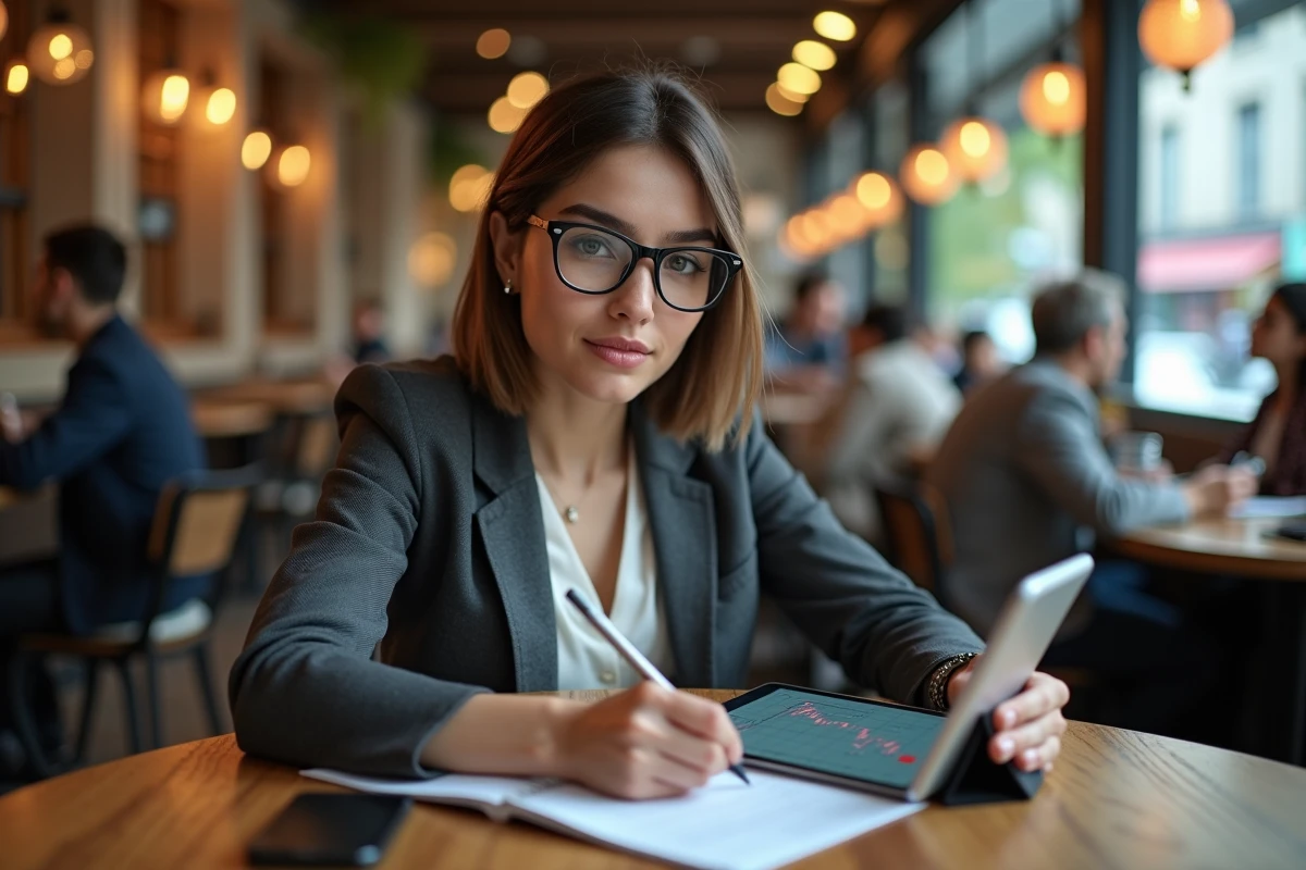 Jeune femme analysant des signaux boursiers au café