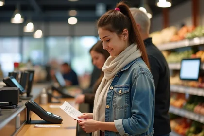 Maman souriante à la caisse d'un supermarche