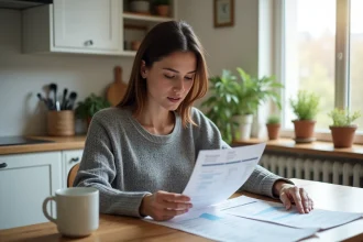 Femme consultant ses fiches de paie et son budget mensuel à la table de cuisine, illustrant le calcul du salaire net en 2026