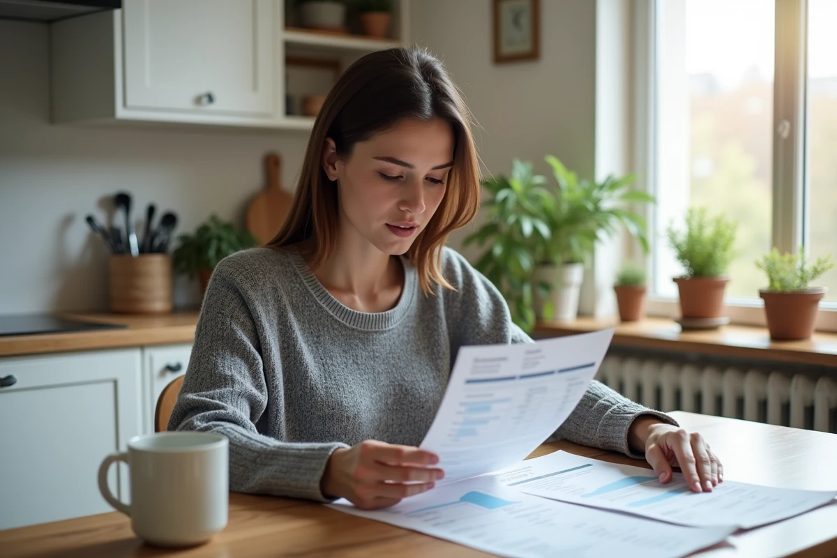 Femme consultant ses fiches de paie et son budget mensuel à la table de cuisine, illustrant le calcul du salaire net en 2026