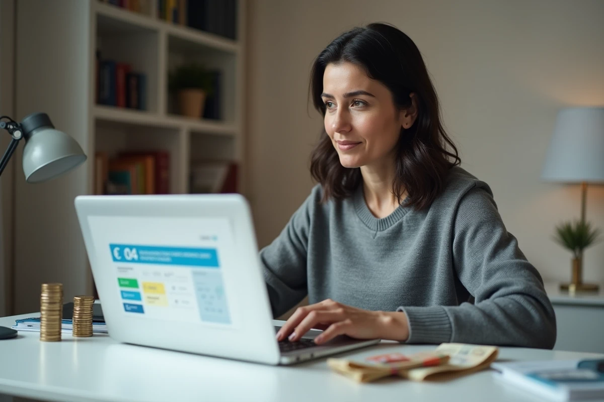 Femme adulte utilisant une calculatrice en ligne pour apprendre à compter la monnaie avec des euros sur un bureau