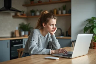Jeune femme pensant devant son ordinateur dans la cuisine