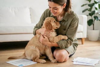 Jeune femme tenant un chiot golden retriever dans ses bras après adoption, avec des papiers d'adoption au sol