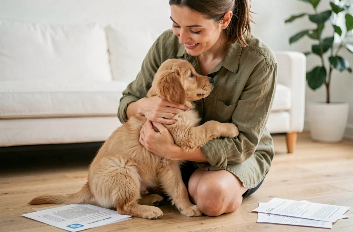 Jeune femme tenant un chiot golden retriever dans ses bras après adoption, avec des papiers d'adoption au sol