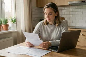 Femme comparant des offres de mutuelle santé sur son ordinateur portable avec des documents papier sur une table en bois
