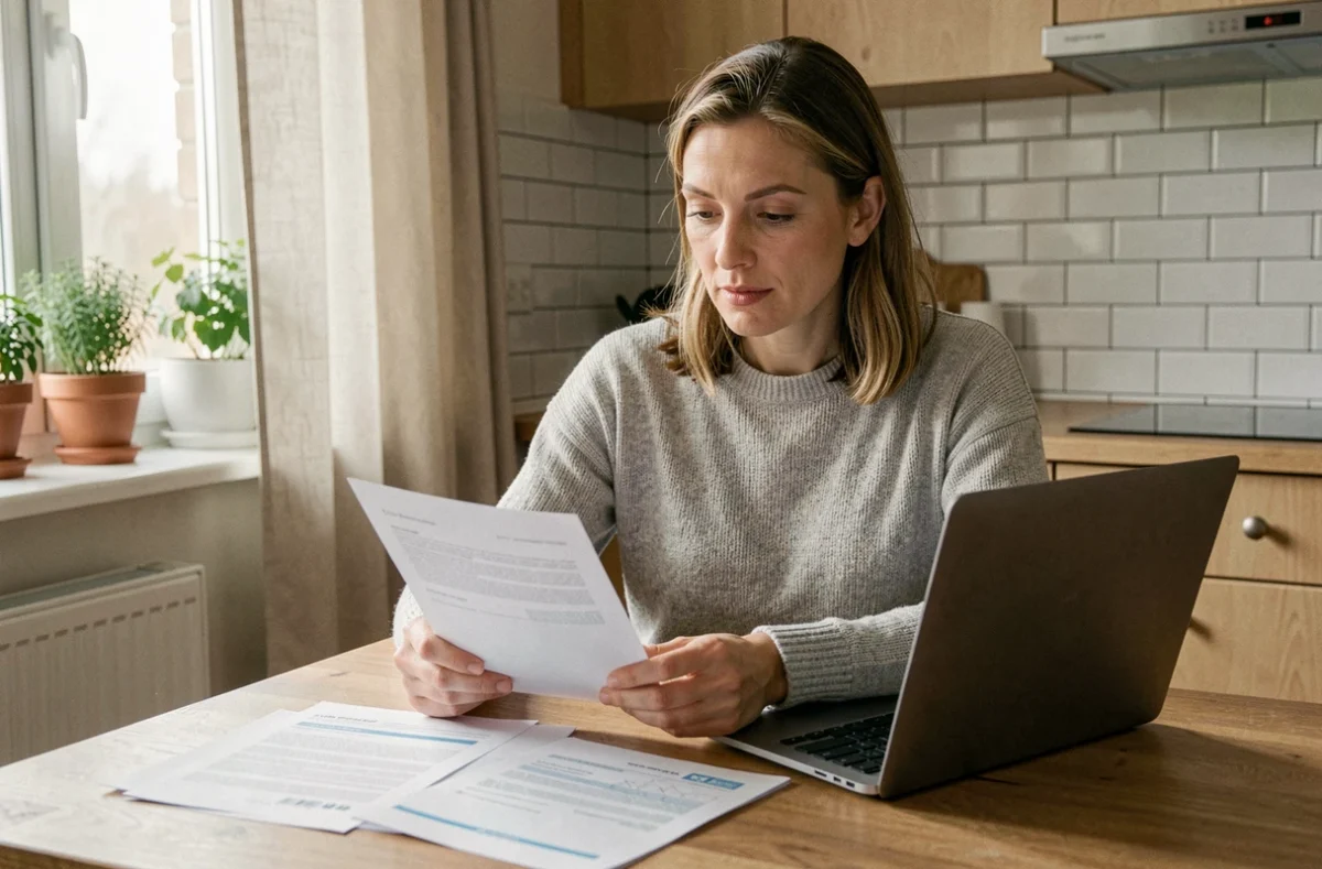 Femme comparant des offres de mutuelle santé sur son ordinateur portable avec des documents papier sur une table en bois