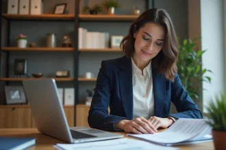 Femme professionnelle comparant des plateformes de prêt en ligne sur son ordinateur portable dans un bureau moderne