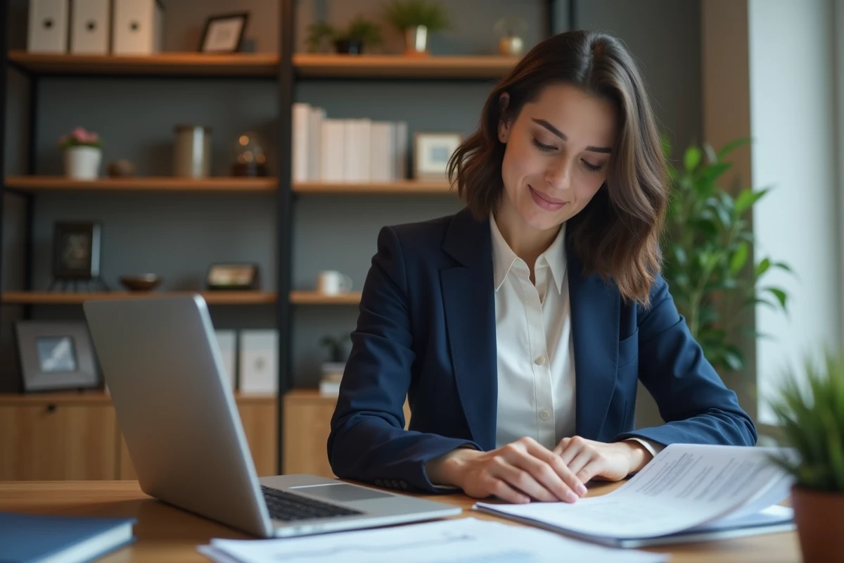 Femme professionnelle comparant des plateformes de prêt en ligne sur son ordinateur portable dans un bureau moderne