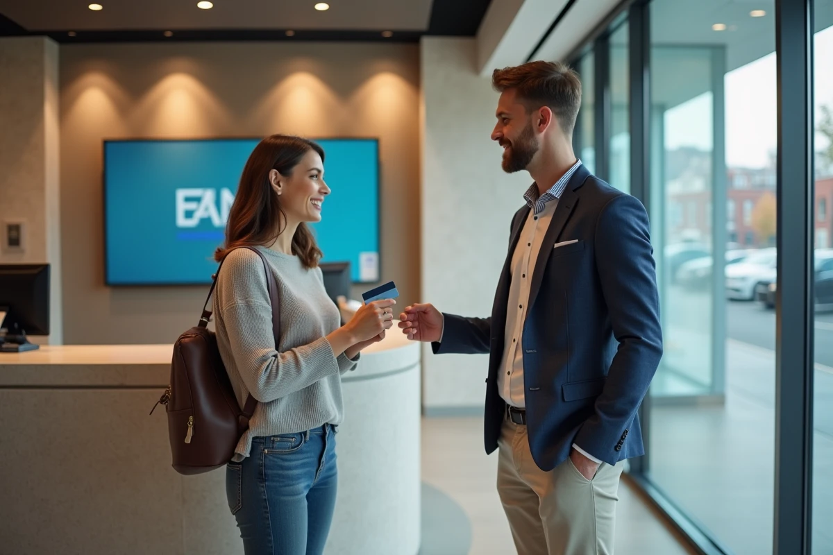 Jeune femme discutant avec un conseiller bancaire en agence