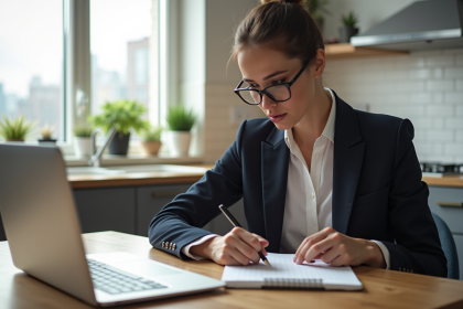 Jeune femme en blazer étudie crypto sur son ordinateur