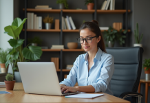 Plateforme crypto fiable : comparatif des meilleures pour investir en sécurité Femme confiante en bureau moderne avec ordinateur crypto