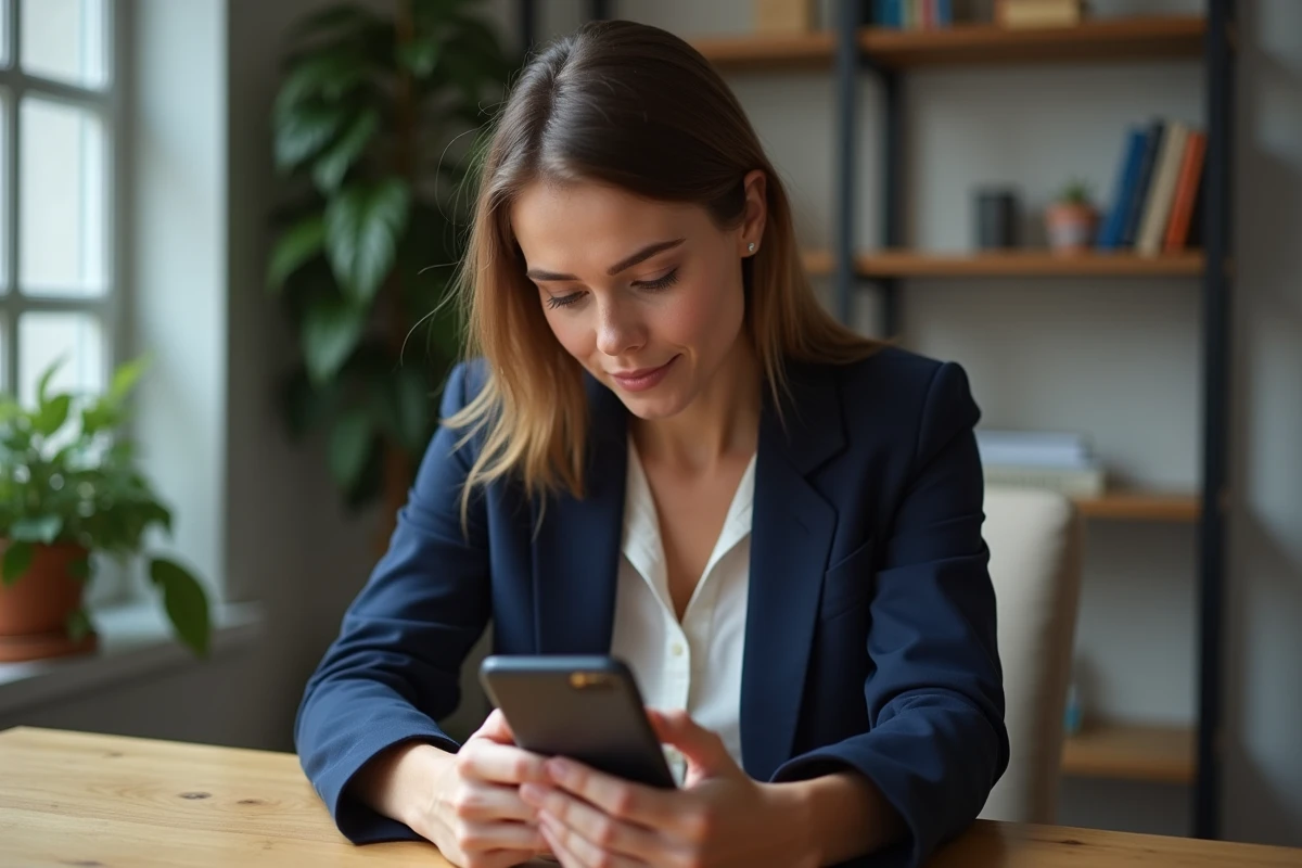 Femme consultant l'application Cyberplus de la Banque Populaire Rives de Paris sur son smartphone depuis son bureau à domicile