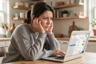 Femme inquiète devant son ordinateur portable découvrant un abonnement caché ou une arnaque bancaire en ligne