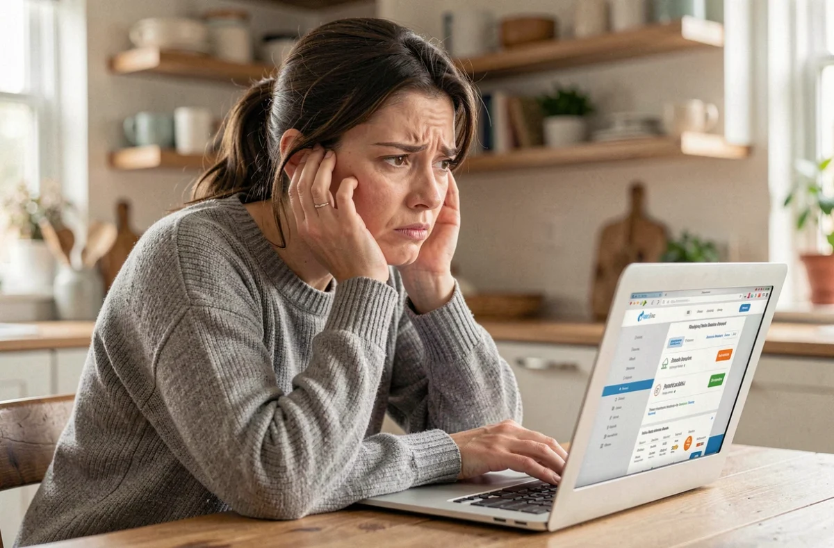 Femme inquiète devant son ordinateur portable découvrant un abonnement caché ou une arnaque bancaire en ligne