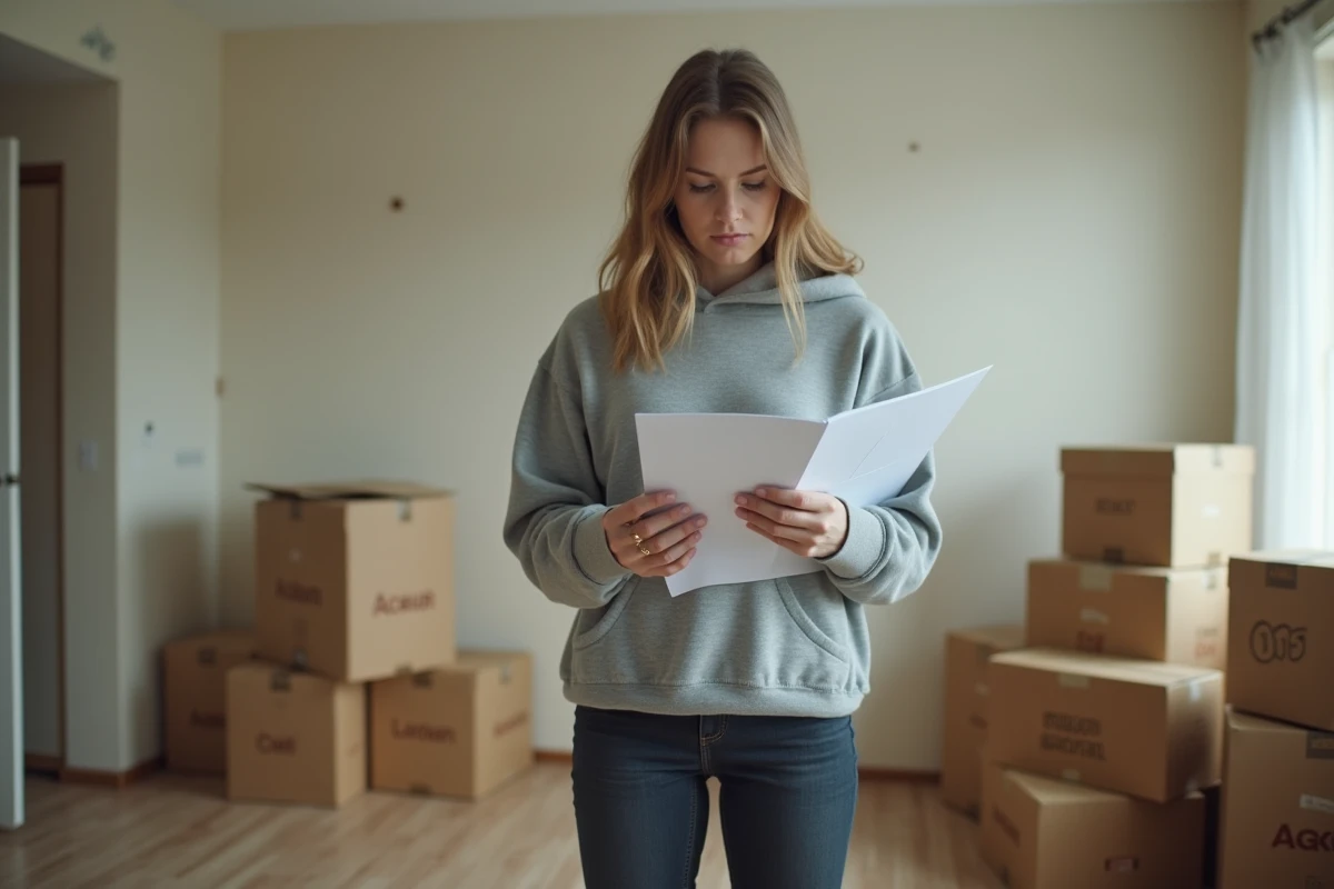 Femme seule lors d'un déménagement consultant ses documents APL dans un appartement vide