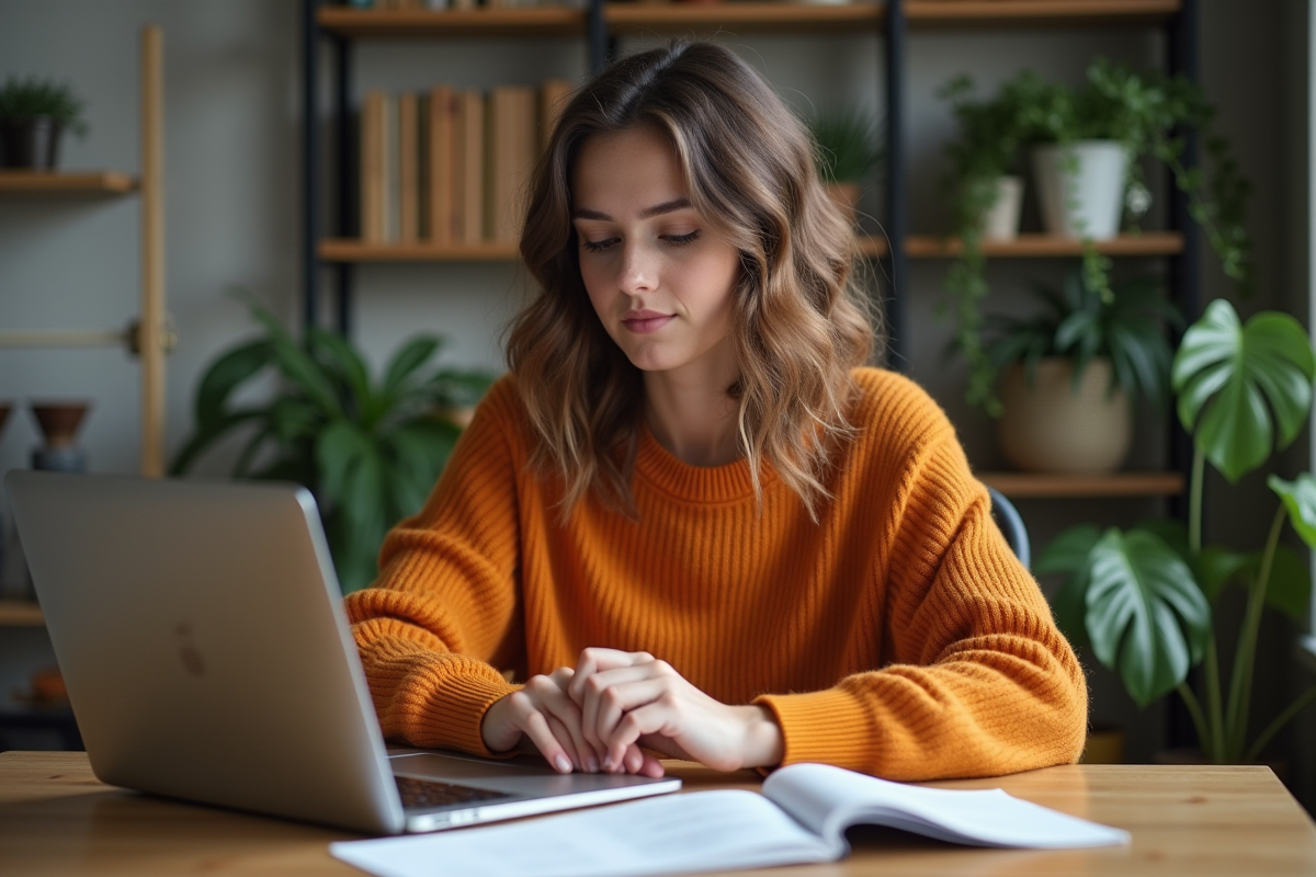 Jeune femme vérifie des données de dividendes sur son ordinateur portable à la maison