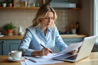 Femme examinant des documents d'assurance Pacifica à une table de cuisine, stylo à la main, expression concentrée