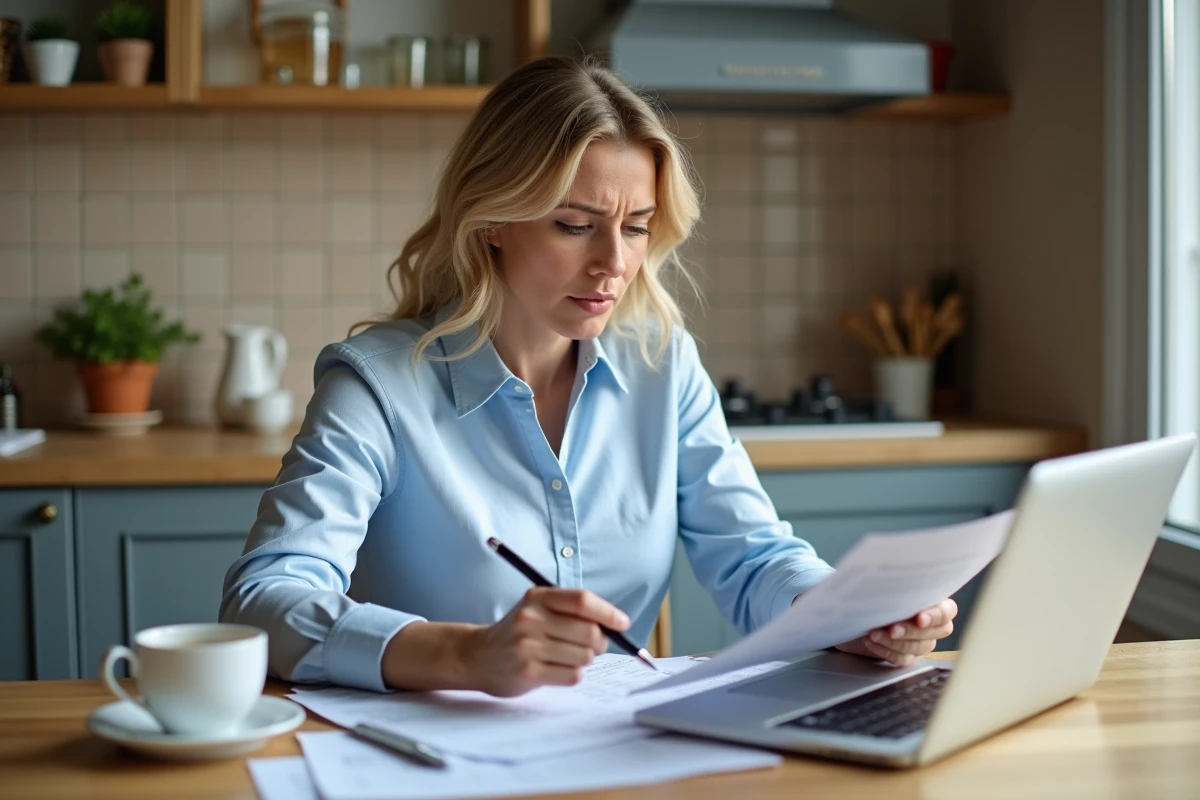 Femme examinant des documents d'assurance Pacifica à une table de cuisine, stylo à la main, expression concentrée