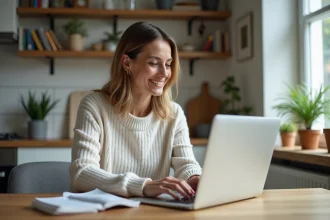 Femme en sweater et jeans consulte ses dons sur un laptop