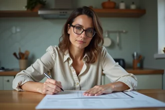 Femme remplissant un formulaire Éco PTZ à la maison