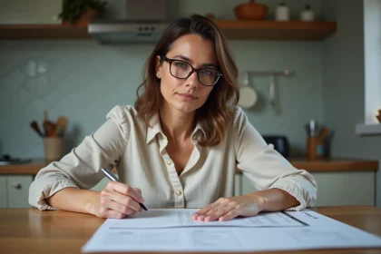 Femme remplissant un formulaire Éco PTZ à la maison