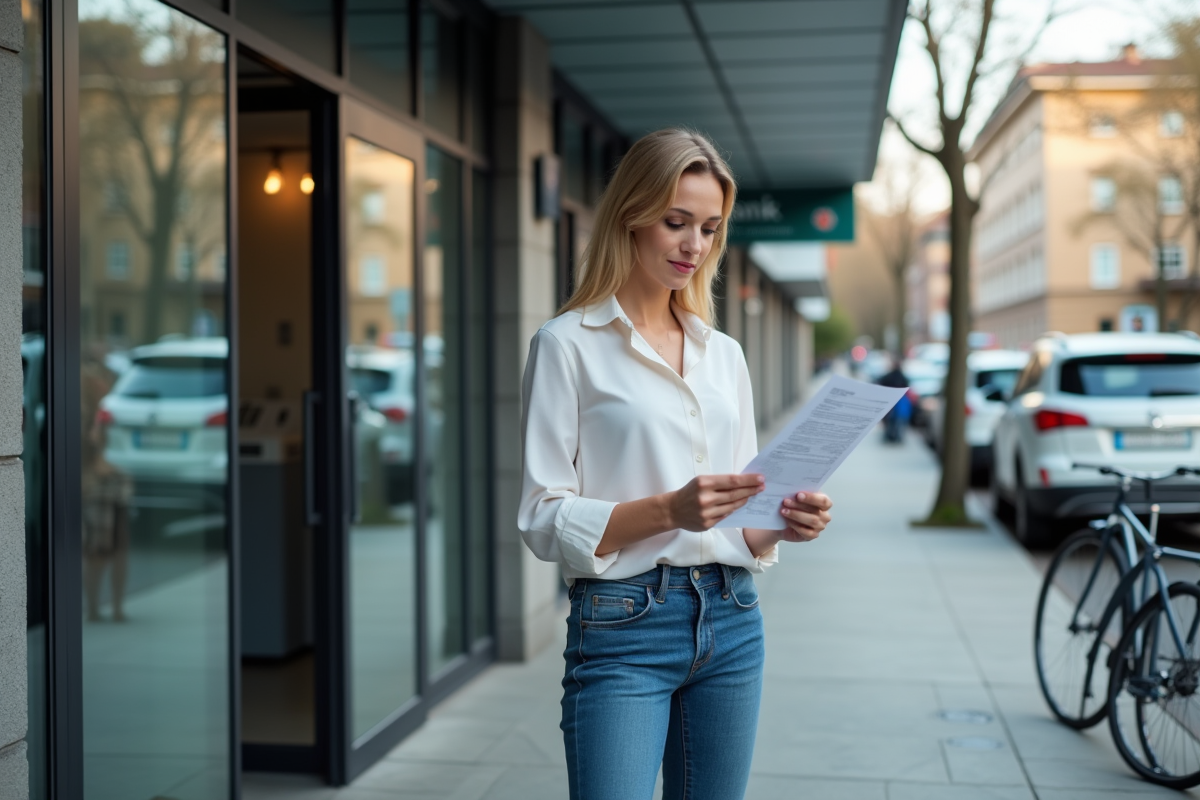 Femme regardant un relevé financier devant une banque moderne