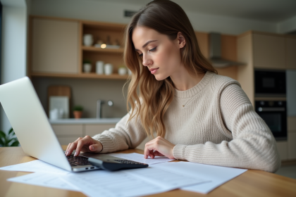 Femme en étude de prêt immobilier dans une cuisine moderne