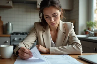 Femme consultant sa fiche de paie à la table de cuisine, illustrant l'écart entre salaire brut et net en France