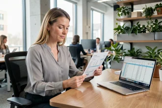 Femme consultant sa fiche de paie dans un bureau moderne pour calculer son salaire net depuis un brut de 2400 euros