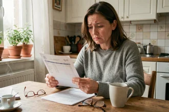 Femme consultant ses fiches de paie et documents fiscaux à une table de cuisine, illustrant la gestion des heures supplémentaires et de l'impôt sur le revenu