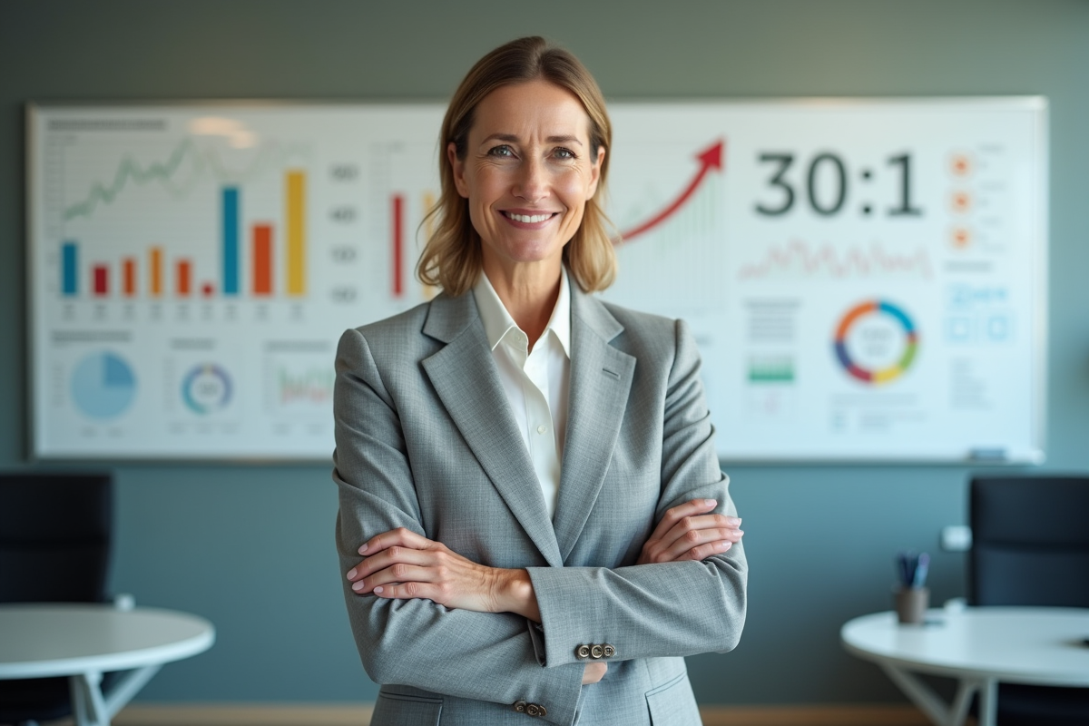 Femme d affaires devant un tableau blanc avec graphiques et devises