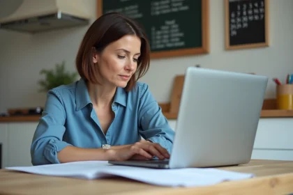 Femme française attentivement devant un simulateur fiscal sur son ordinateur